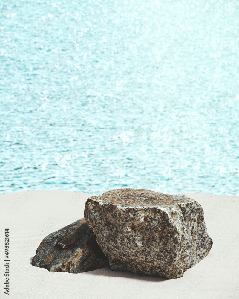 Aufkleber minimal mockup background for product presentation. stone podium with white sand on sea water backgr