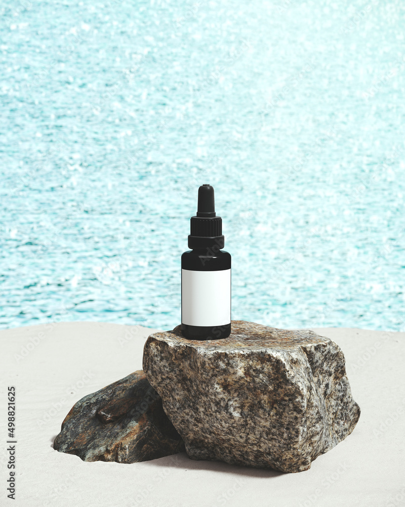 Poster minimal mockup background for product presentation. stone podium with white sand on sea water backgr