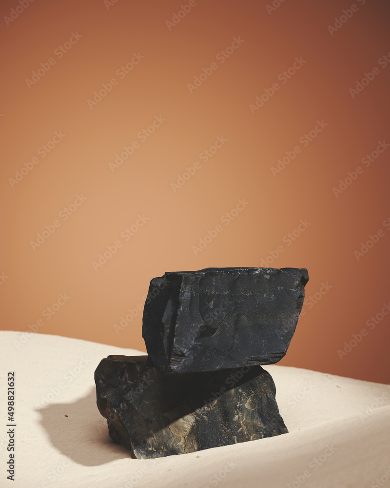 Poster minimal mockup background for product presentation. stone podium with white sand on red brick color 
