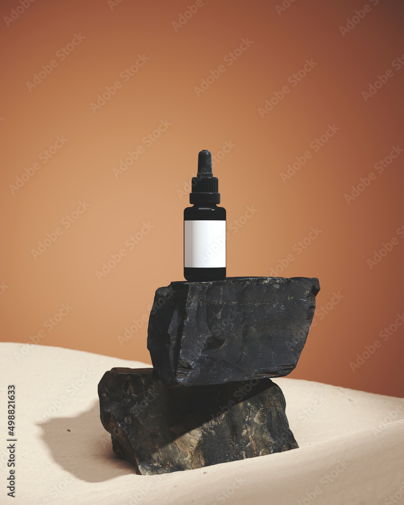 Poster minimal mockup background for product presentation. stone podium with white sand on red brick color 