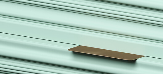 Minimal abstract background for product presentation. Blass plate on green cornice pattern background. 3d render illustration. Clipping path of each element included.