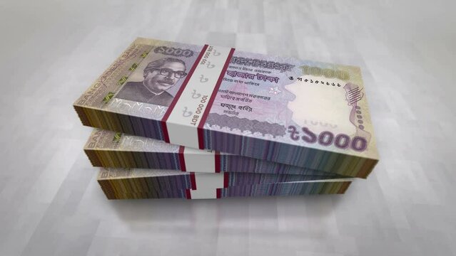 Bangladeshi Taka money pile pack. Concept background of economy, banking, business, crisis, recession, debt and finance in Bangladesh. 1000 BDT banknotes stacks 3d animation.
