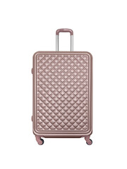 Front view of large suitcase luggage on wheels isolated on white background