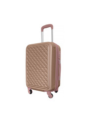 Side view of golden and pink suitcase isolated on white background