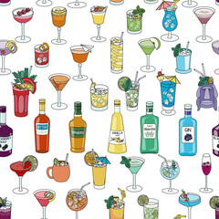 Seamless pattern with bar liquor bottles and cocktails in rainbow LGBT colors. For gay bar diversity pride party invitations, cards or stickers. Doodle cartoon style illustration on white background