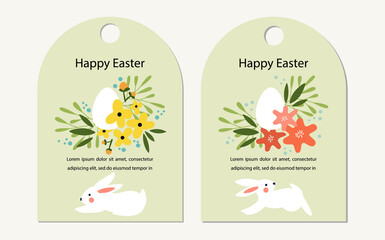 Set of Happy Easter greeting card designs, tags. White rabbits and silhouette of Easter egg with spring flowers. Bundle of vector vector holiday designs for typography. Flat style illustration