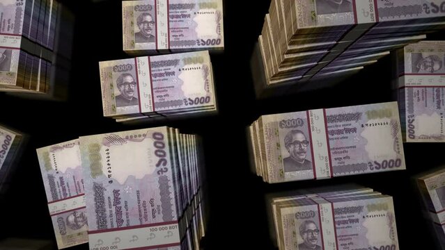 Bangladeshi Taka money pack loop. Flight over BDT banknotes stacks top view. 3d loopable seamless animation. Abstract background concept of economy, crisis, business and finance in Bangladesh.