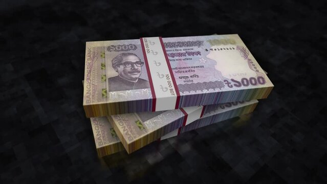 Bangladeshi Taka money pile pack. Concept background of economy, banking, business, crisis, recession, debt and finance in Bangladesh. 1000 BDT banknotes stacks 3d animation.