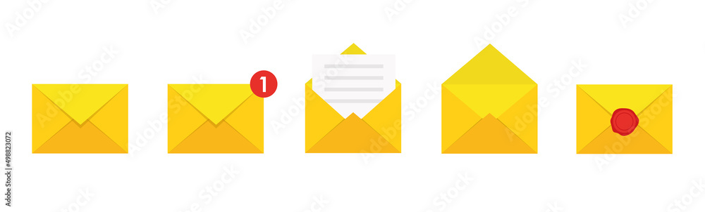 Aufkleber Envelope flat vector icon set. Document enclosed in envelope, closed and open envelope with message. Email, emailing, message, letter, sms. New message, draft. 10EPS.