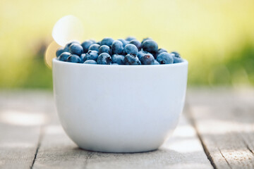 A bowl with fresh bilberry (Vaccinium myrtillus) on an old wooden bench. Fresh garden blueberries.