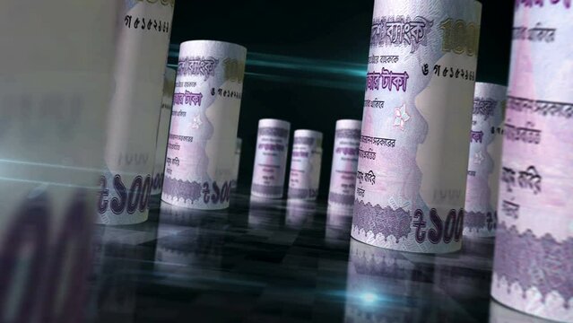 Bangladeshi Taka rolls loop 3d animation. Money on the table. Seamless and loopable abstract concept of economy, finance, business and recession in Bangladesh. Camera between BDT rolled banknotes.