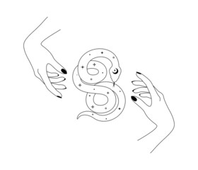 Magical hands and celestial snake in outline style. Spiritual tribal symbol for branding name logo. Esoteric mystical silhouette serpent for magic witch craft. Doodle Vector illustration