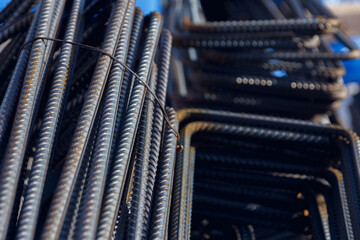 Reinforcement steel rod at construction site. Construction rebar steel work reinforcement. Rebar texture. Reinforcement steel rod. Rusty rebar for concrete pouring