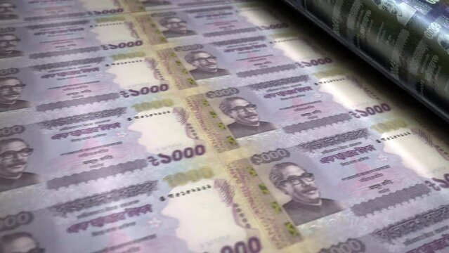 Bangladeshi Taka money banknotes printing roll machine loop. Paper BDT bank note print 3d looping seamless. Abstract concept of banking, debt, finance, economy and crisis in Bangladesh.