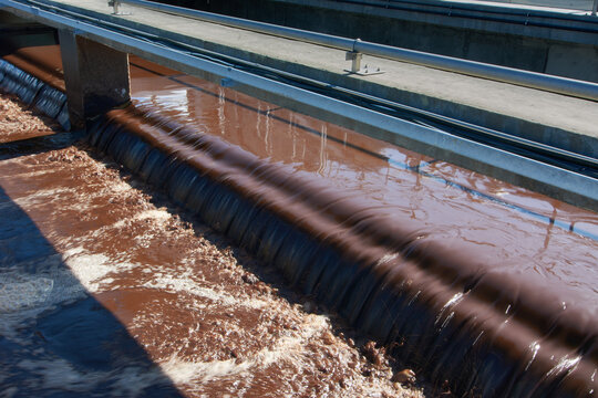 Weir of a wastewater treatment plant with overflowing activated sludge