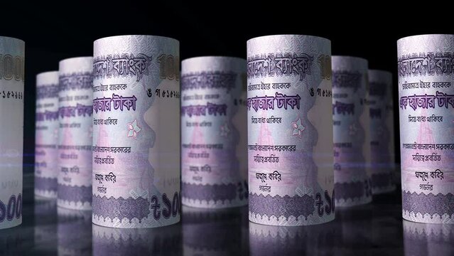 Bangladeshi Taka money rolls loop 3d animation. Camera moving in front of the BDT rolling banknotes. Seamless loopable concept of economy, finance, business and debt in Bangladesh.