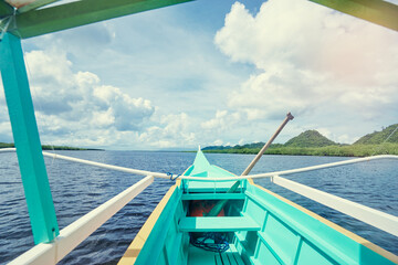 Fototapeta na wymiar Travel by Philippines. Landscape with traditional fishing boat sailng the mangrove sea lagoon.