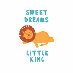 Adorable little Lion sleeping character. Hand drawn flat illustration in scandi style and pastel colors. Sweet dreams little king.
