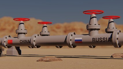  The gas pipeline with flags of Russia and China. 3d rendering