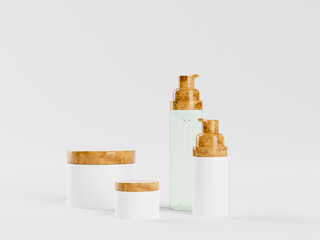 3d rendering set of bottles for natural lotion, cream or serum cosmetic. Eco wooden bamboo lid. Mockup empty containers of self care products 
