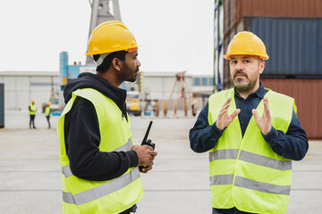Multiracial industrial people working at shipping containers port terminal - Freight logistics...
