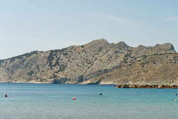 Yachts in the sea on the background of the Greek island. close up