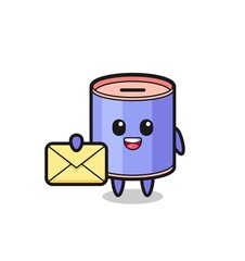 cartoon illustration of cylinder piggy bank holding a yellow letter