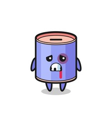 injured cylinder piggy bank character with a bruised face