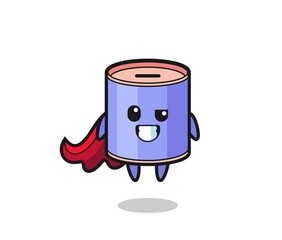 the cute cylinder piggy bank character as a flying superhero