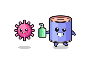illustration of cylinder piggy bank character chasing evil virus with hand sanitizer