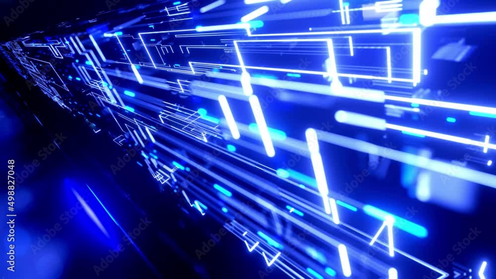 Poster neon light, sci-fi constructions, mysterious 3d objects and hologram. flight through hi-tech technol