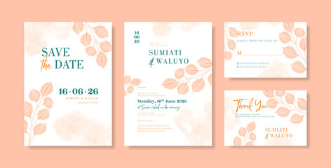 Elegant wedding invitation template with orange watercolor eucalyptus