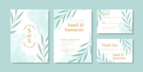 Fototapeta na wymiar Beautiful wedding invitation template with tosca watercolor eucalyptus