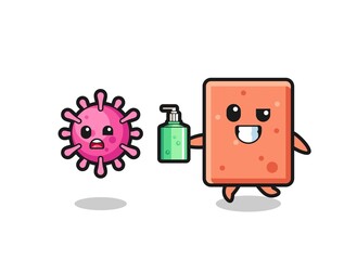 illustration of brick character chasing evil virus with hand sanitizer
