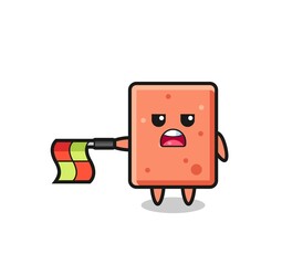 Fototapeta premium brick character as line judge hold the flag straight horizontally