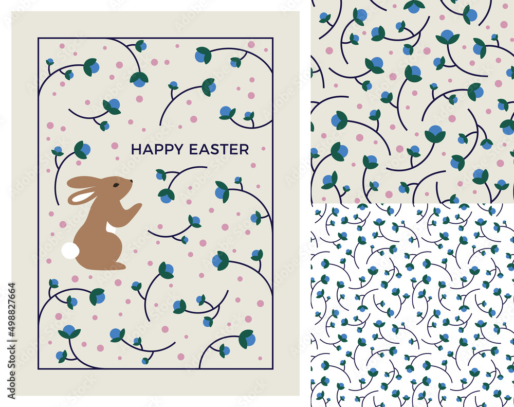 Poster easter greeting card design and set of seamless patterns. vector illustration of cute bunny and flor