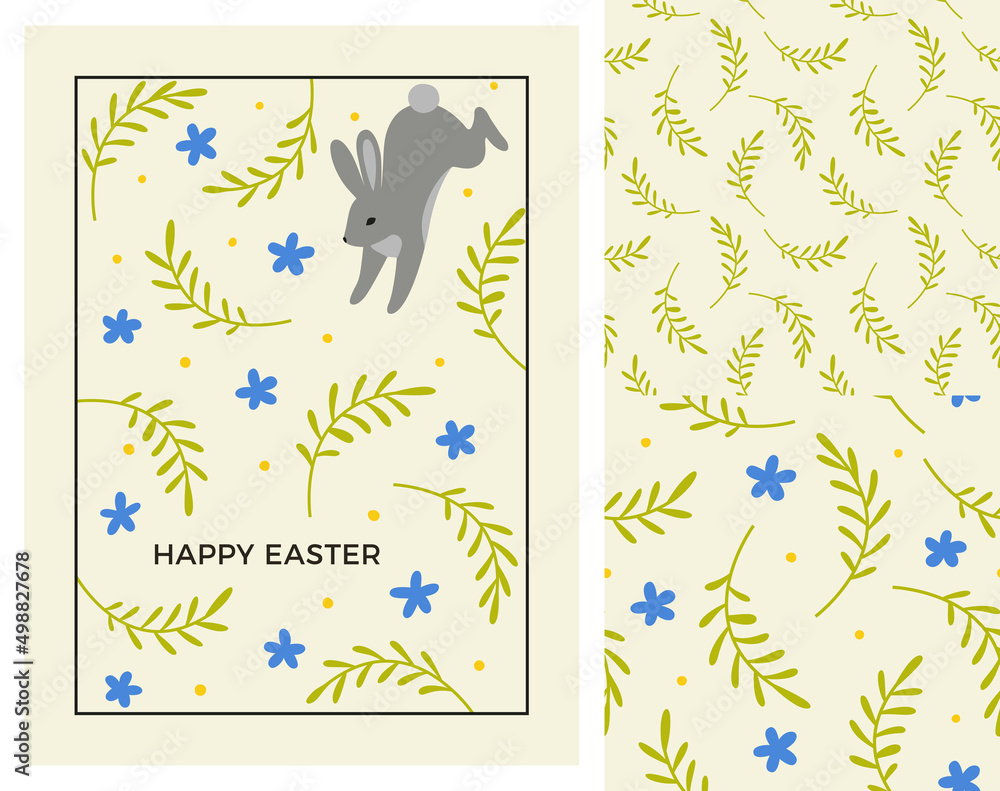Poster easter greeting card design with set of seamless patterns. vector illustration of cute bunny and flo