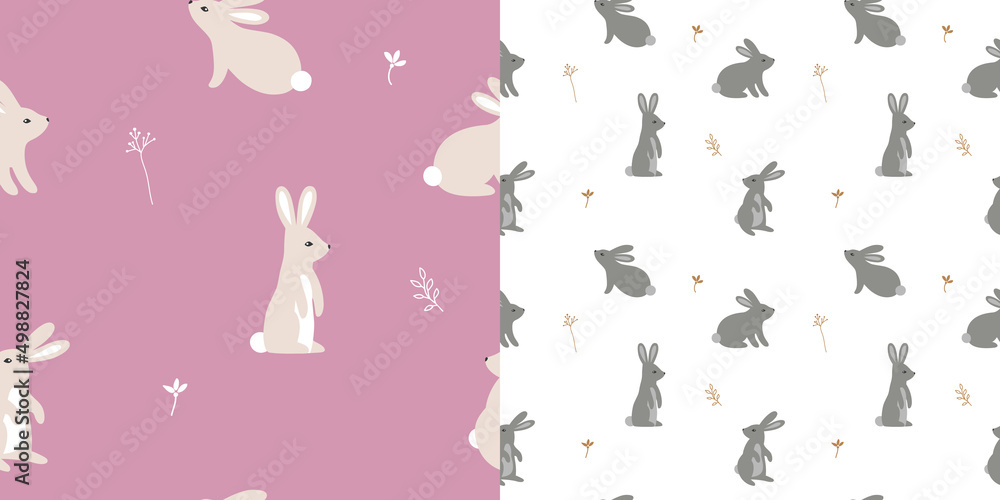 Poster Set of Seamless Patterns with Cartoon Rabbits. Vector Texture for Easter Stuff. Cute Little Bunnies Illustration