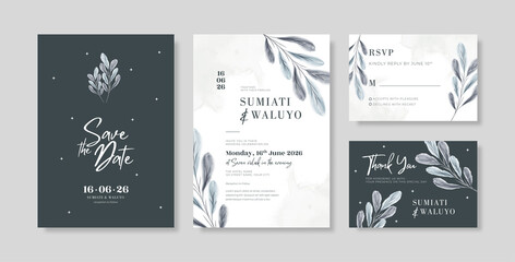 Elegant black and white wedding invitation template with watercolor eucalyptus