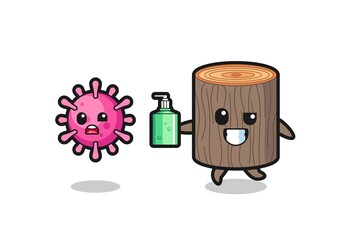 illustration of tree stump character chasing evil virus with hand sanitizer