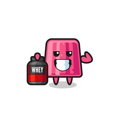 the muscular jelly character is holding a protein supplement