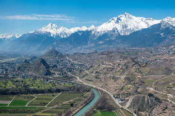 aerial view of vineyards in valais with sion and rhone