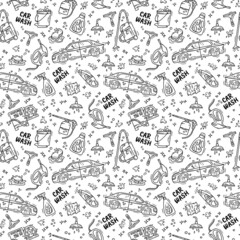 Fototapeta premium Car wash and detaling seamless pattern with icons in the Doodle style, hand drawing. Auto with high-pressure washer and vacuum cleaner.