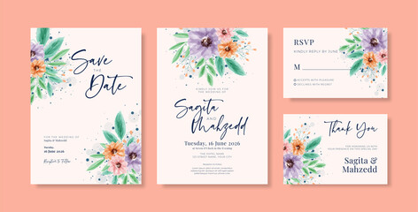 Fototapeta na wymiar Beautiful wedding invitation template with bouquet floral watercolor