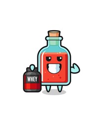 the muscular square poison bottle character is holding a protein supplement