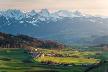 Schlosswil and Gantrisch Ridge on a spring sunset
