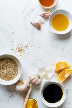 Flatlay with copy space ingredients cooking asian