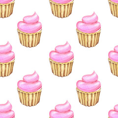 Watercolor seamless pattern of cup cakes with pink cream. Isolated desserts illustrations on white background.  Hand drawn  painting.