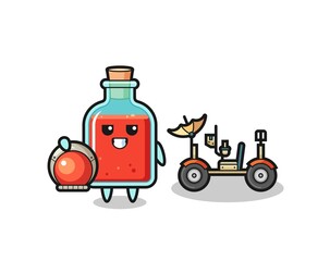 the cute square poison bottle as astronaut with a lunar rover