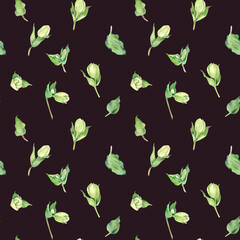 Watercolor floral seamless pattern. Isolated  hellebore flowers on black background.  Hand drawn of painting.